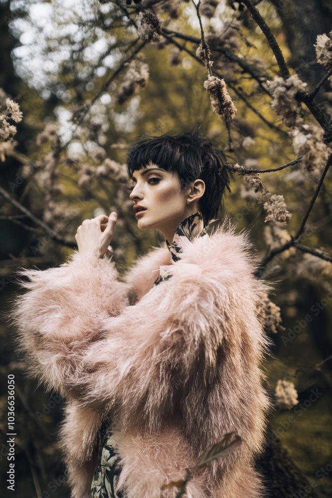 Fashion Portrait: A model in a fluffy pink coat poses among spring blossoms, showcasing vibrant colors and a stylish aesthetic. Ideal for fashion campaigns. Fashion Portrait: A model in a fluffy pink coat poses among spring blossoms, showcasing vibrant colors and a stylish aesthetic. Ideal for fashion campaigns.