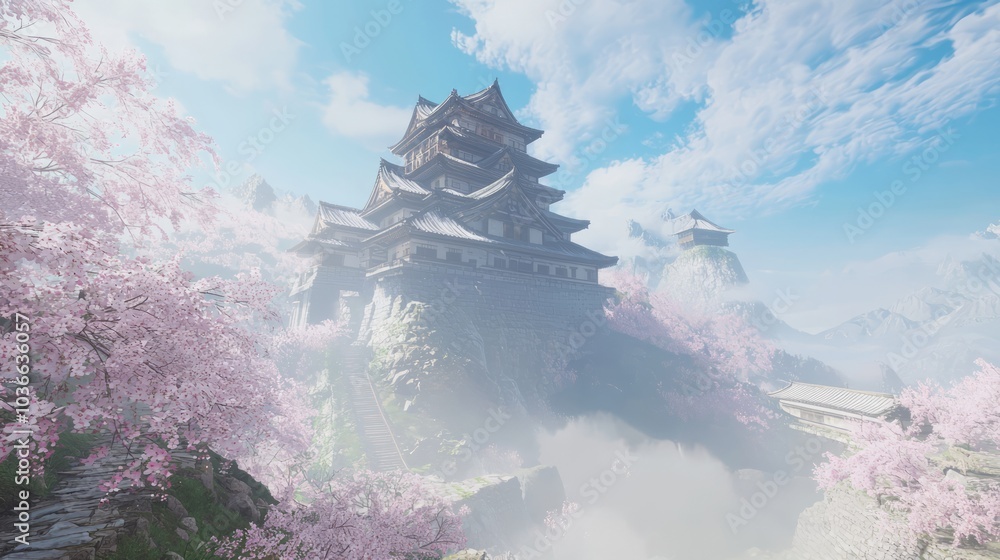 Serene Beauty of Ancient Japanese Castle in Misty Landscape with Cherry Blossoms under Clear Blue Sky Serene Beauty of Ancient Japanese Castle in Misty Landscape with Cherry Blossoms under Clear Blue Sky