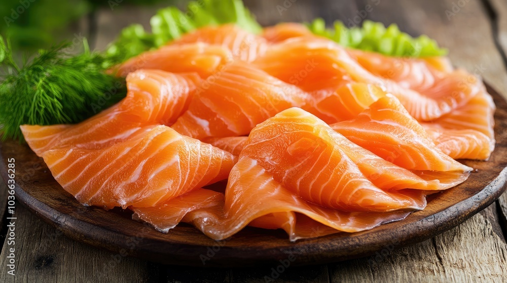 A vibrant platter of smoked salmon slices on a wooden table, showcasing a delightful appetizer perfect for gatherings A vibrant platter of smoked salmon slices on a wooden table, showcasing a delightful appetizer perfect for gatherings