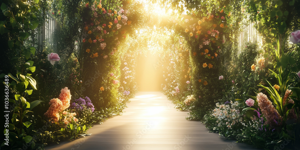 Obraz premium Sunlit runway adorned with lush greenery and vibrant floral decorations, creating an elegant and natural setting for showcasing fashion women's clothing in a photorealistic style.