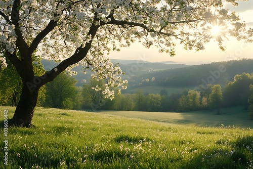 Beautiful landscape with a green field and blue sky