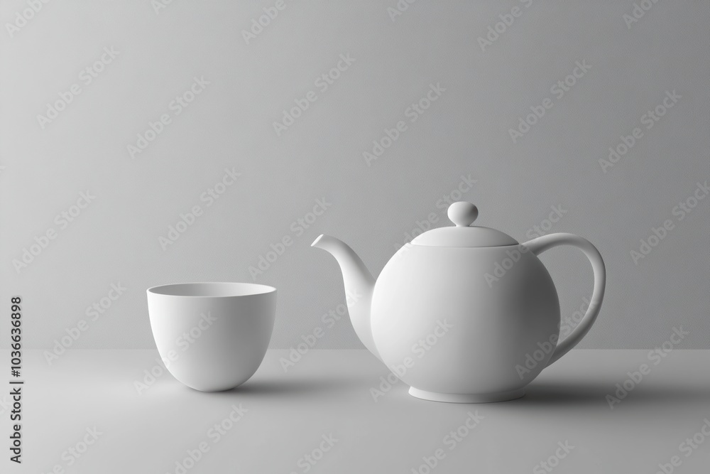 A pristine white tea kettle sits beside a matching cup on a smooth surface, inviting for a soothing tea ritual during a quiet afternoon. Generative AI A pristine white tea kettle sits beside a matching cup on a smooth surface, inviting for a soothing tea ritual during a quiet afternoon. Generative AI