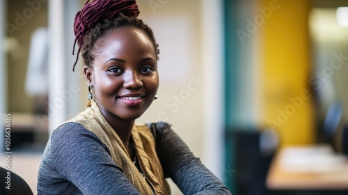Portrait of a Ugandan woman smiling in an office setting with colorful backgrounds, perfect for lifestyle or cultural representation.