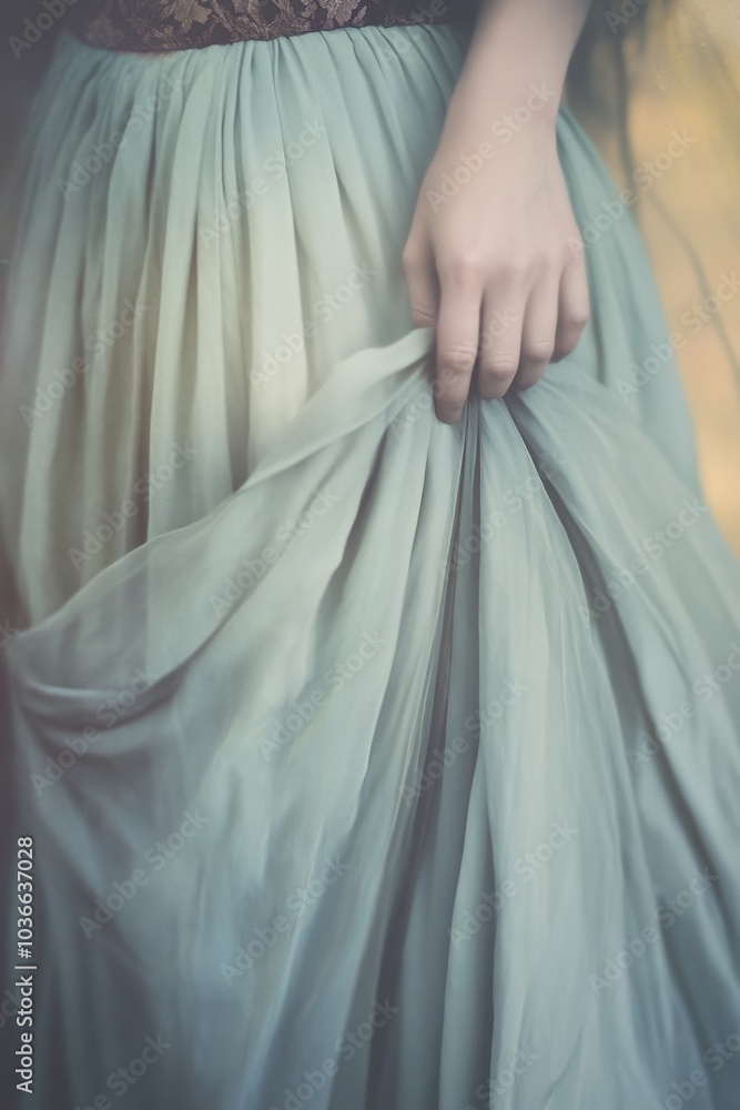 Soft Ethereal Dress: A Close-Up of a Flowing Mint Green Skirt Held by a Delicate Hand, Perfect for Fashion and Elegance Themes