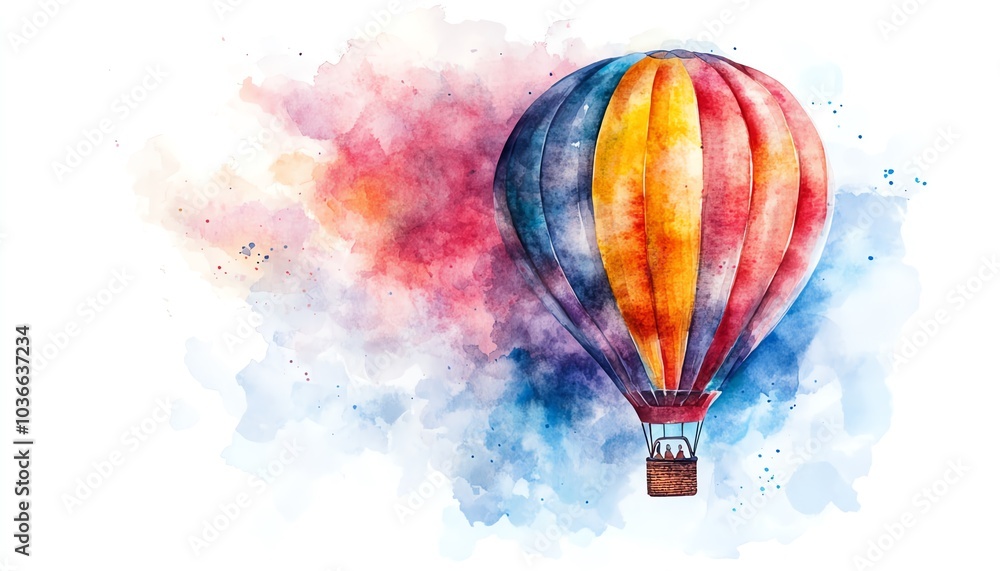 Obraz premium A vibrant watercolor illustration of a hot air balloon soaring through a colorful sky, evoking a sense of adventure and freedom.