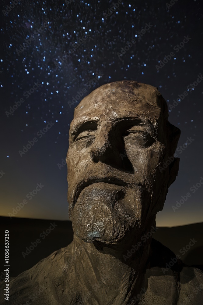 Fototapeta premium Night Sky Sculpture: A Close-Up of a Serene Face Beneath a Starry Sky, Ideal for Art and Cultural References