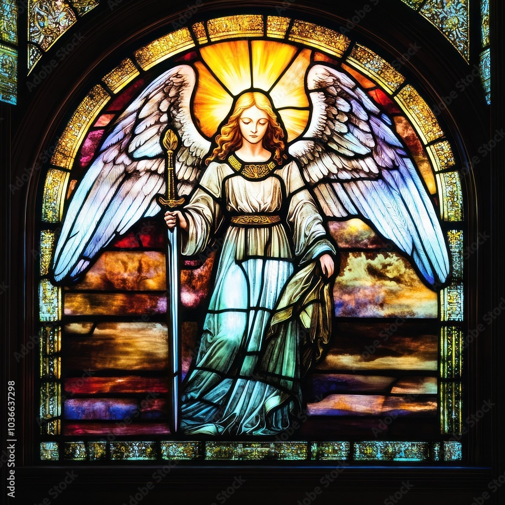 Obraz premium Stained glass angel in heavenly light with staff