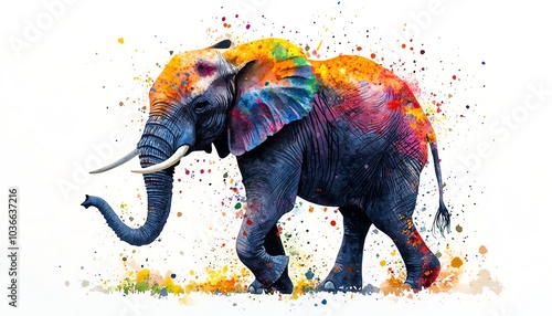 A vibrant and colorful illustration of an elephant surrounded by a splash of paint, showcasing artistic creativity and wildlife beauty.