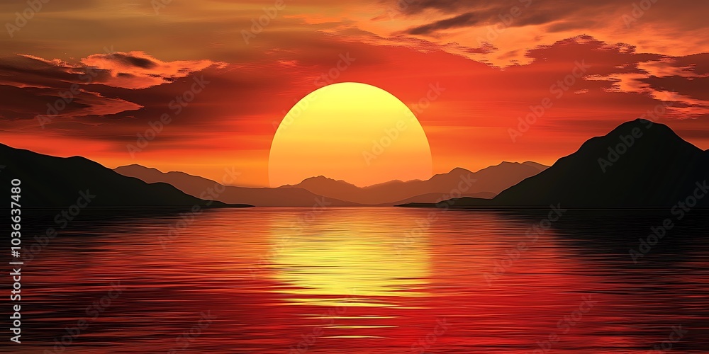 Fototapeta premium Sunset over the sea with mountains in the background