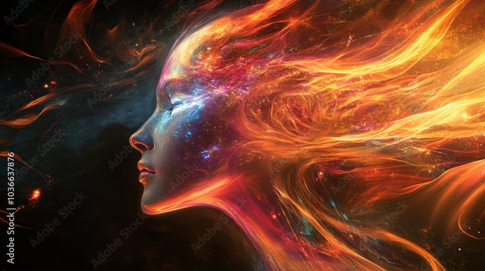 Fiery cosmic face merging with galaxy artwork Fiery cosmic face merging with galaxy artwork