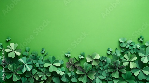 Charming flat lay design for St Patrick's Day featuring stylized paper art clovers arranged playfully on a vibrant green backdrop leaving a blank area for holiday wishes photo