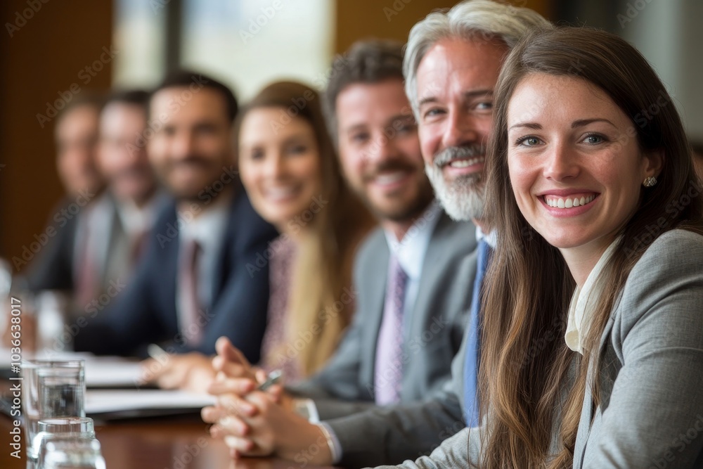Smiling business team in boardroom meeting, Generative AI Smiling business team in boardroom meeting, Generative AI