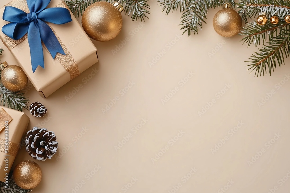 Commemorate New Year in elegance. Top view perspective of carefully wrapped giftbox, chic tree ornaments, glittery balls, seasonal adornments on beige backdrop Commemorate New Year in elegance. Top view perspective of carefully wrapped giftbox, chic tree ornaments, glittery balls, seasonal adornments on beige backdrop
