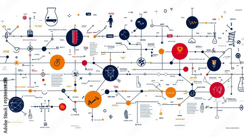 A complex infographic with interconnected nodes and lines, depicting a network or system with various symbols and illustrations. A complex infographic with interconnected nodes and lines, depicting a network or system with various symbols and illustrations.