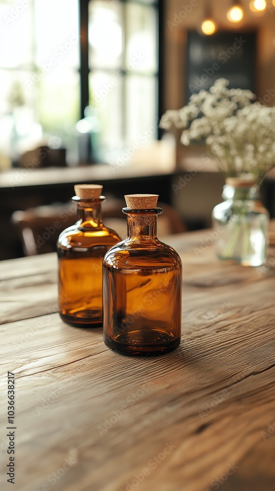 Two amber glass bottles on a wooden table, creating a rustic and warm atmosphere in a cozy indoor setting. Two amber glass bottles on a wooden table, creating a rustic and warm atmosphere in a cozy indoor setting.