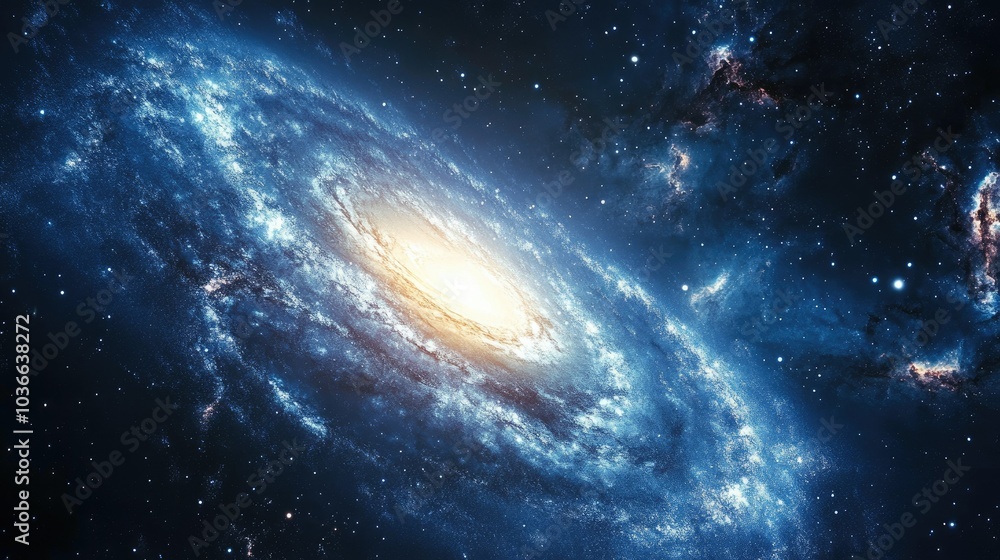 Fototapeta premium An abstract blue spiral galaxy spinning in the depths of space, illuminated by countless stars and cosmic dust