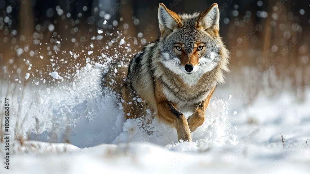 Obraz premium A coyote runs through a snowy field, kicking up snow as it sprints.