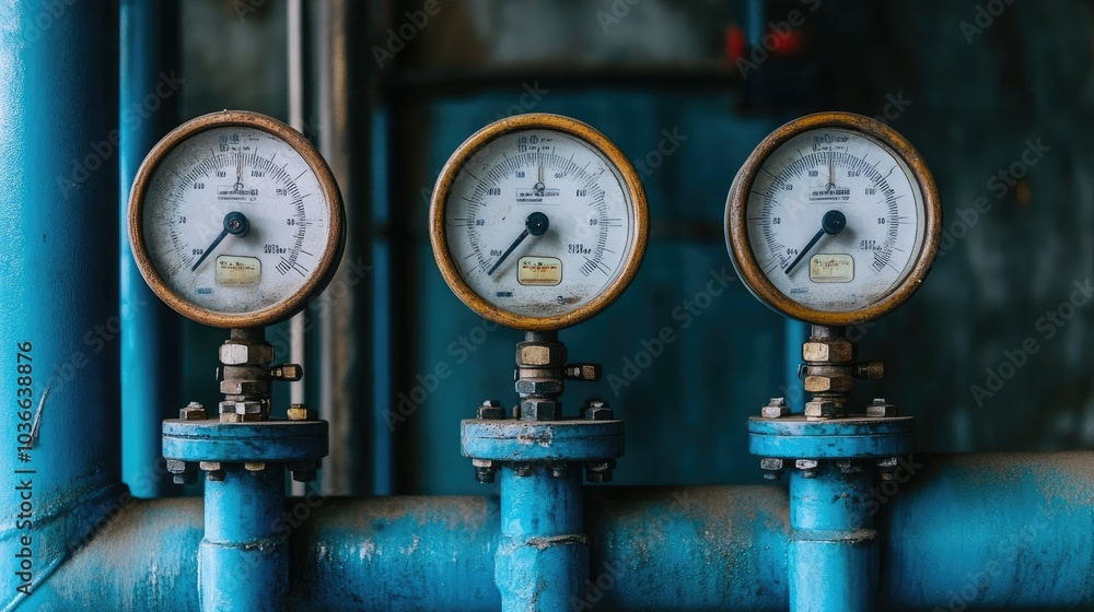An engaging close-up view of three gauges positioned on blue pipes, with clear readings, illustrating the importance of monitoring in industrial settings An engaging close-up view of three gauges positioned on blue pipes, with clear readings, illustrating the importance of monitoring in industrial settings