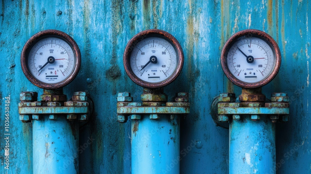 An engaging close-up view of three gauges positioned on blue pipes, with clear readings, illustrating the importance of monitoring in industrial settings An engaging close-up view of three gauges positioned on blue pipes, with clear readings, illustrating the importance of monitoring in industrial settings