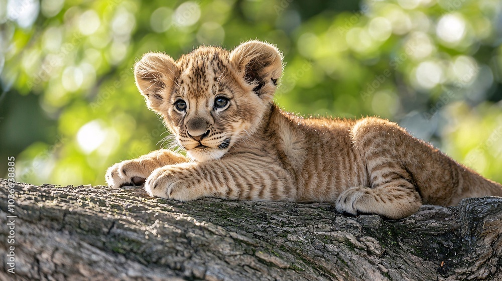 Obraz premium A young lion cub exploring the world around it, curious and playful