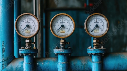 An engaging close-up view of three gauges positioned on blue pipes, with clear readings, illustrating the importance of monitoring in industrial settings