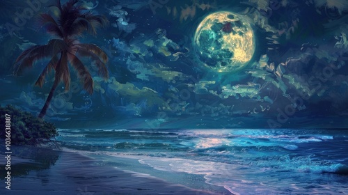 Night Beach with Full Moon