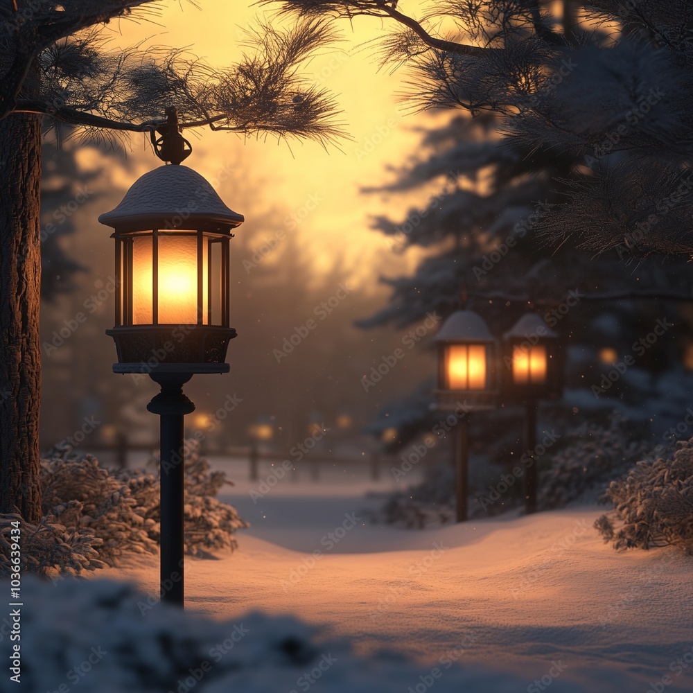 Enchanting winter evening a serene lantern-lit pathway through snow-covered trees in a tranquil landscape Enchanting winter evening a serene lantern-lit pathway through snow-covered trees in a tranquil landscape