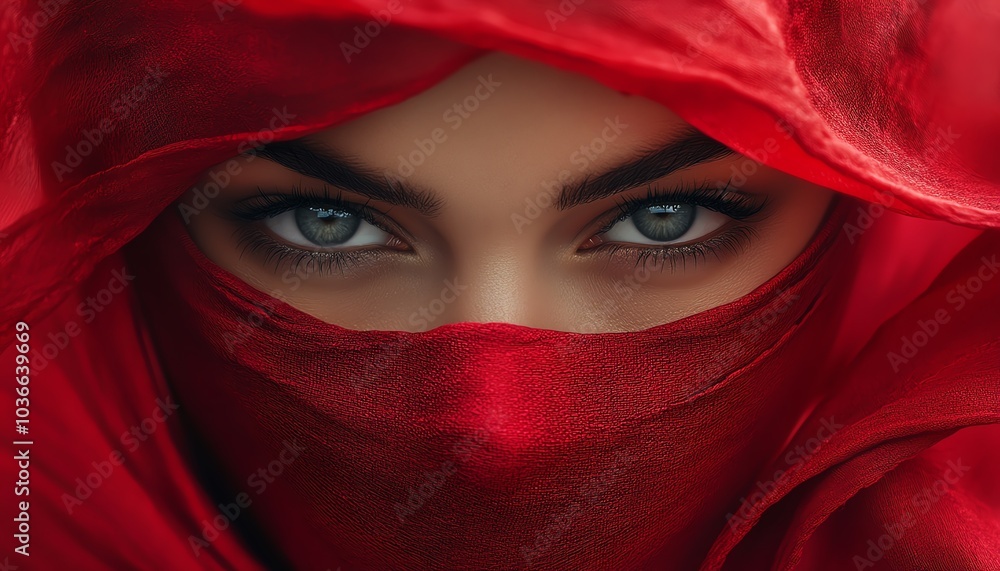 Close-up of a woman with striking blue eyes, partially covered by a flowing red veil, exuding mystery and allure. Close-up of a woman with striking blue eyes, partially covered by a flowing red veil, exuding mystery and allure.