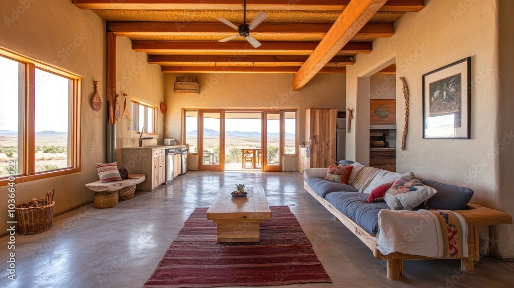 Obraz premium A spacious living room with rustic furniture and a view of the desert.