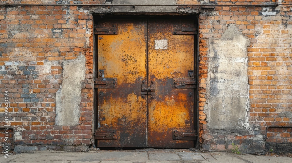 Asymmetrical metal doors embedded in a weathered brick wall, forming an entrance to a transformer area with a raw, industrial feel Asymmetrical metal doors embedded in a weathered brick wall, forming an entrance to a transformer area with a raw, industrial feel