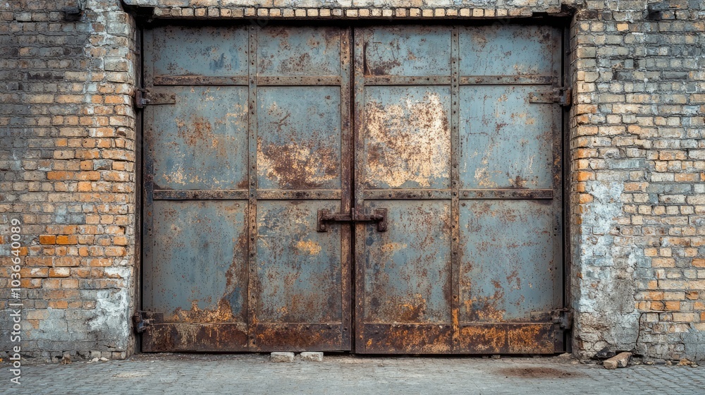 Asymmetrical metal doors embedded in a weathered brick wall, forming an entrance to a transformer area with a raw, industrial feel Asymmetrical metal doors embedded in a weathered brick wall, forming an entrance to a transformer area with a raw, industrial feel