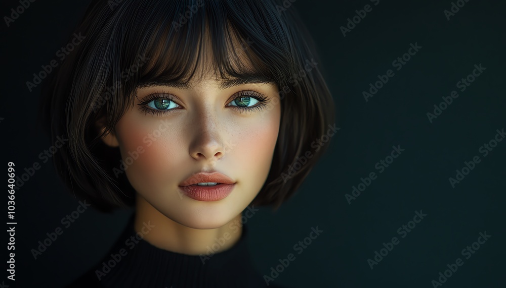 Fototapeta premium A captivating portrait of a young woman with striking blue eyes and dark hair, showcasing natural beauty and elegance.