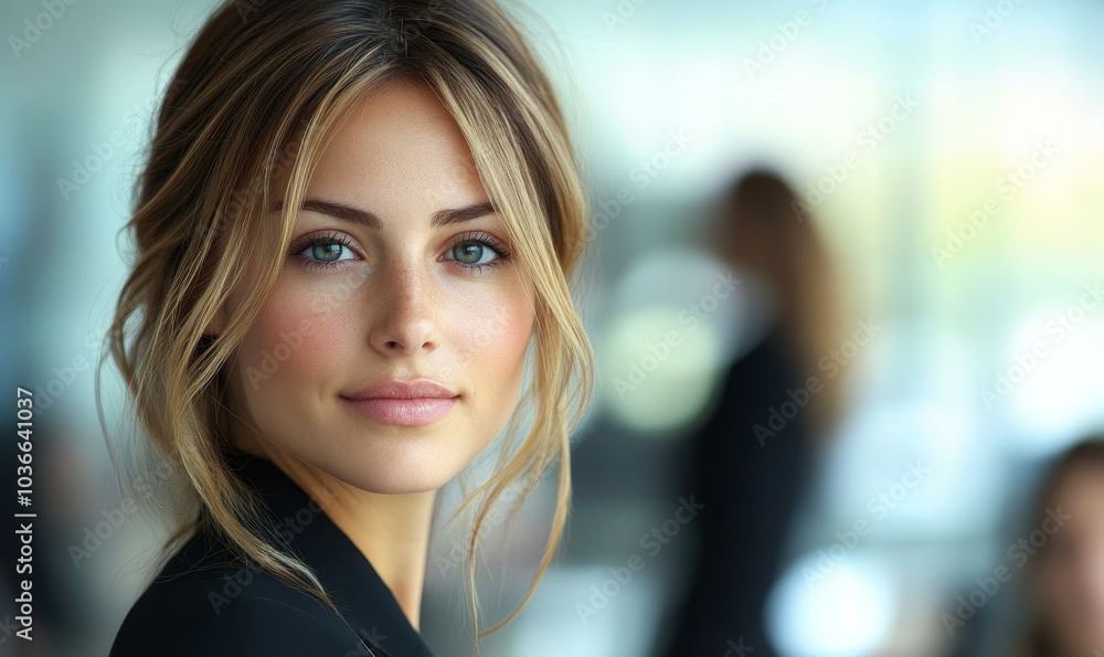 Businesswoman in office with colleagues in background, Generative AI Businesswoman in office with colleagues in background, Generative AI