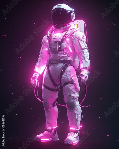 Futuristic astronaut in neon gear, exploring the cosmos with vibrant lighting and a sleek design, perfect for science fiction themes.