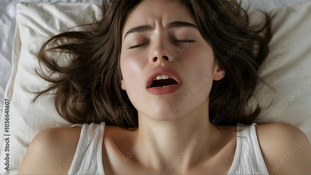 Close-up of a woman's face during an orgasm in bed. Background with selective focus Close-up of a woman's face during an orgasm in bed. Background with selective focus