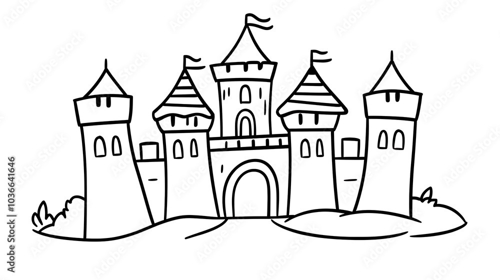 Simple outline of a castle with rounded towers and a large gate, minimalist cartoon style for children to color Simple outline of a castle with rounded towers and a large gate, minimalist cartoon style for children to color