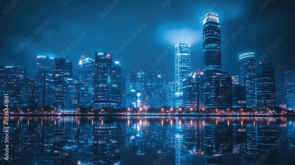 Blue neon lights illuminating a modern cityscape at night Blue neon lights illuminating a modern cityscape at night