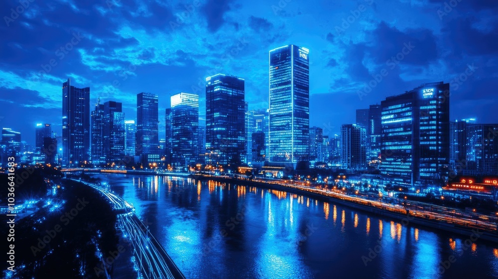 Fototapeta premium Blue neon lights illuminating a modern cityscape at night