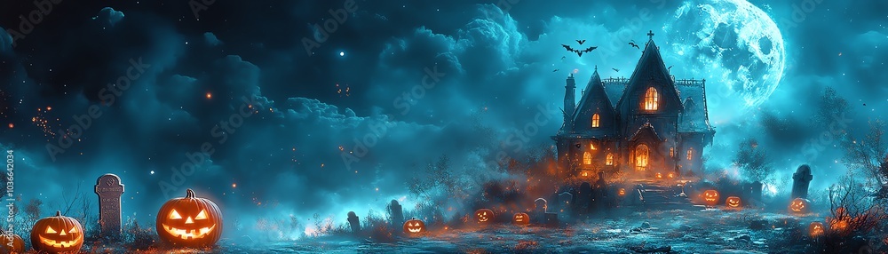 A spooky Halloween scene featuring a haunted house, glowing pumpkins, and a full moon casting eerie shadows. A spooky Halloween scene featuring a haunted house, glowing pumpkins, and a full moon casting eerie shadows.