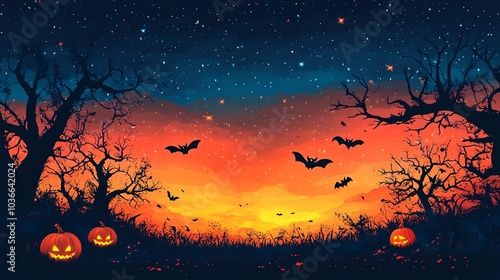 Spooky Halloween landscape featuring bats, pumpkins, and a starry night sky with vibrant orange and blue hues.