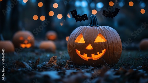A spooky Halloween scene featuring a glowing jack-o'-lantern surrounded by other carved pumpkins in a dark, atmospheric setting.
