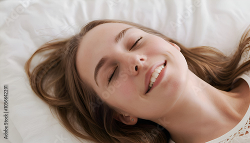 Close-up of a woman's face during an orgasm in bed. Background with selective focus