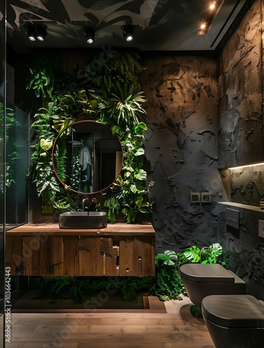 Black textured walls and a floating vanity combine with soft lighting for a bold yet cozy feel