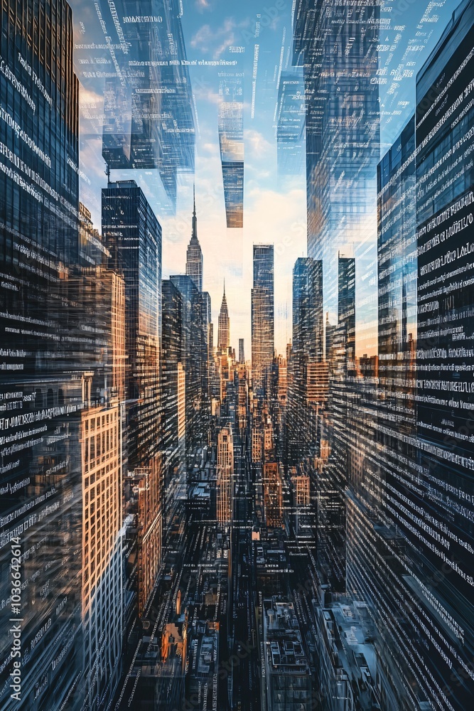 Cityscape with a digital overlay of code. Cityscape with a digital overlay of code.