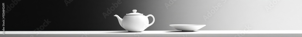 A sleek white tea kettle and matching cup are placed on a table, highlighted by a striking black and white background. Generative AI A sleek white tea kettle and matching cup are placed on a table, highlighted by a striking black and white background. Generative AI