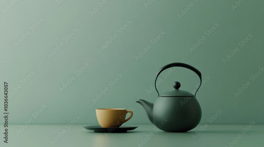 A stylish tea kettle sits alongside a yellow cup on a simple table, creating a serene atmosphere perfect for enjoying warm beverages. Generative AI A stylish tea kettle sits alongside a yellow cup on a simple table, creating a serene atmosphere perfect for enjoying warm beverages. Generative AI