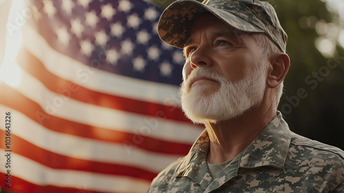 Proud military veteran in uniform standing with American flag