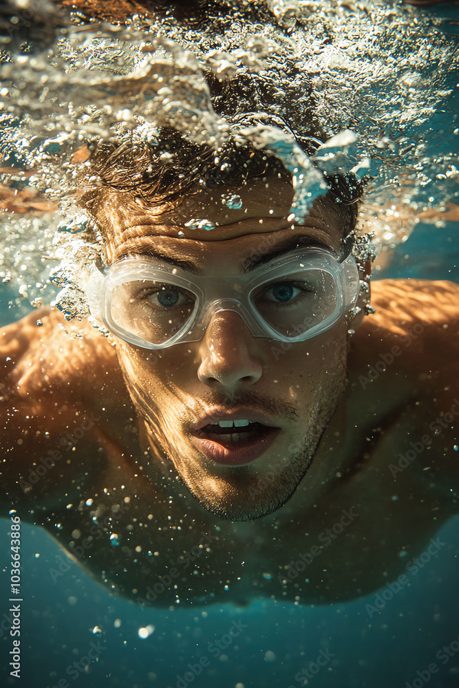 Fototapeta premium A man underwater, wearing goggles, with captivating expression while swimming, showcasing the beauty of aquatic sports.