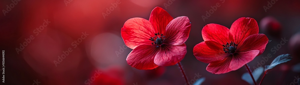 Vibrant red flowers bloom delicately, showcasing their stunning petals against a soft blurred background, perfect for floral themes. Vibrant red flowers bloom delicately, showcasing their stunning petals against a soft blurred background, perfect for floral themes.