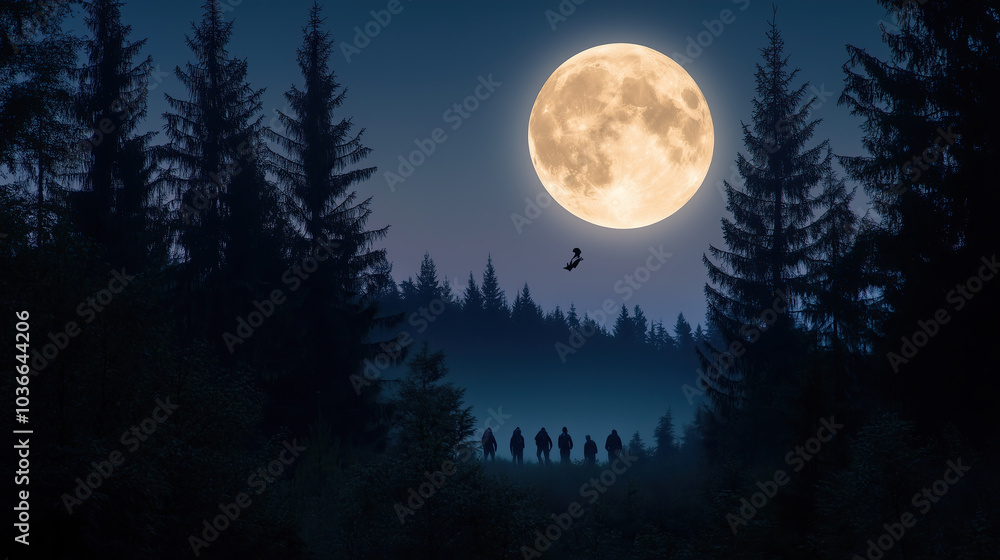 full moon rising over dense forest creates mystical atmosphere full moon rising over dense forest creates mystical atmosphere